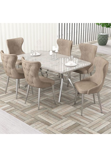 Esla Serisi 90X160 Lak Panel Beyaz Mermer Desen Krom Kaplama Ayaklı Masa Takımı ve 6 Sandalye