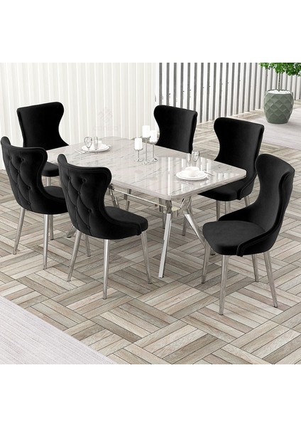 Esla Serisi 90X160 Lak Panel Beyaz Mermer Desen Krom Kaplama Ayaklı Masa Takımı ve 6 Sandalye