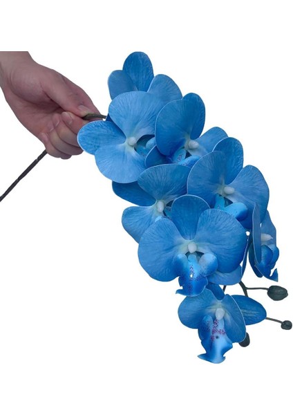 4lü Set Yapay Çiçek Mavi Islak Orkide Ve 2 Adet Orkide Yaprağı Gerçeksi Doku Uzun Dal 90cm