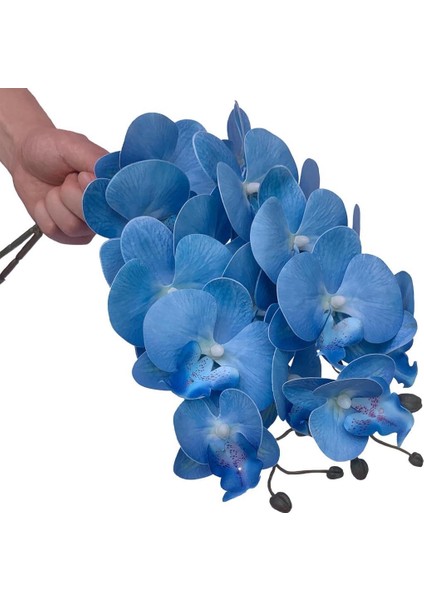 4lü Set Yapay Çiçek Mavi Islak Orkide Ve 2 Adet Orkide Yaprağı Gerçeksi Doku Uzun Dal 90cm