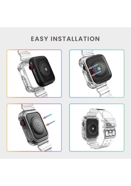 Apple Watch 4-5-6-7-8-9 Se Uyumlu 38MM 40MM 41MM Kordon Kasa Korumalı Şeffaf Kordon