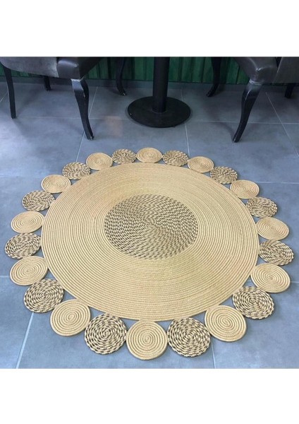 Jüt Hasır El Örgüsü Halı Kilim Yıkanabilir Çift Taraflı Yuvarlak