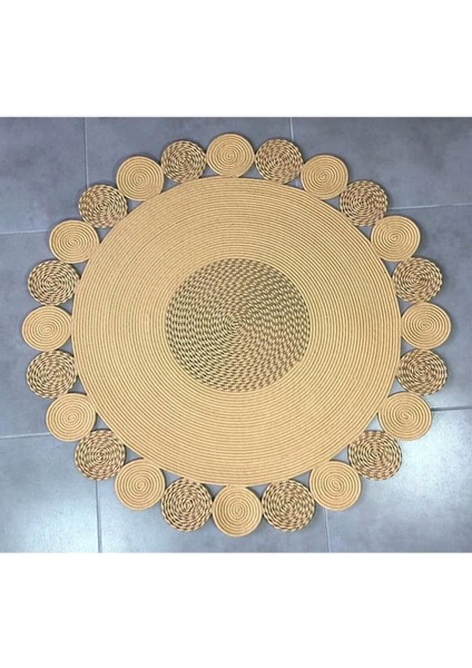 Jüt Hasır El Örgüsü Halı Kilim Yıkanabilir Çift Taraflı Yuvarlak