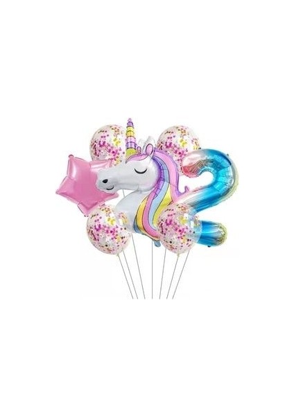 Unicorn ve Gökkuşağı Rakam Balonlu 7li Set Pembe Folyo Yıldız ve Konfeti Pullu Şeffaf Balonlu
