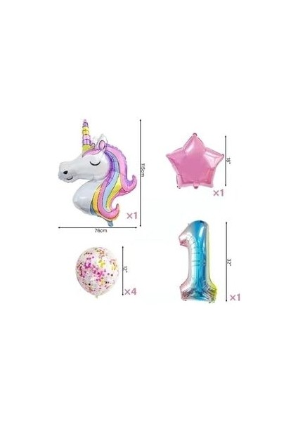 Unicorn ve Gökkuşağı Rakam Balonlu 7li Set Pembe Folyo Yıldız ve Konfeti Pullu Şeffaf Balonlu fiyatları