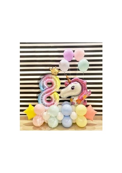 Gökkuşağı Rakam Balonlu Unicorn Temalı Doğum Günü Karşılama Seti Kolay Kurulum