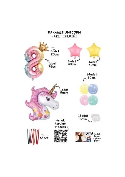 Gökkuşağı Rakam Balonlu Unicorn Temalı Doğum Günü Karşılama Seti Kolay Kurulum fiyatları