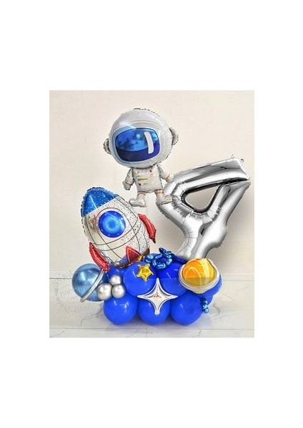 Astronot Roket Uzay Temalı Gümüş Rakam Balonlu Karşılama Seti