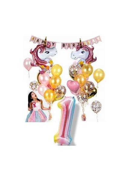 2li Unicorn Tema Gökkuşağı Rakam Balonlu Happy Birthday Banner Full Set