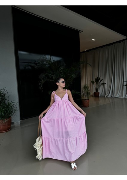 Pembe Ip Askılı Uzun Elbise fiyatları