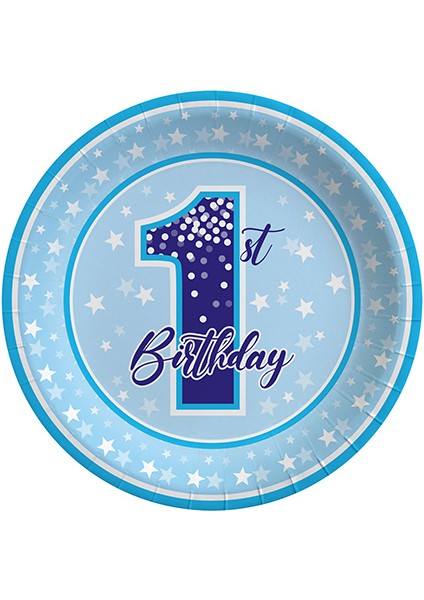 1 Yaş Doğum Günü Mavi Baskılı Tabak 8 Adet 23cm