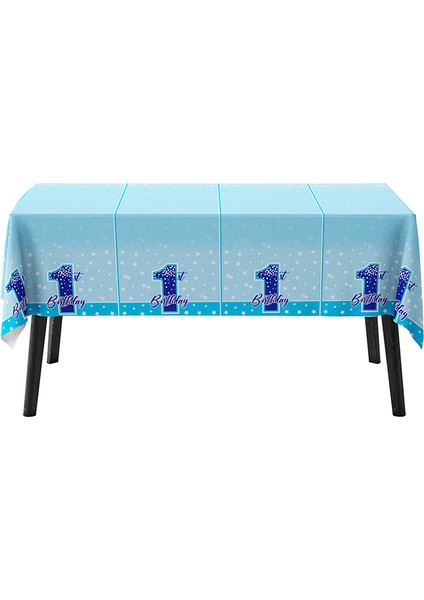 1 Yaş Doğum Günü Mavi Renk Baskılı Masa Örtüsü 120x180cm