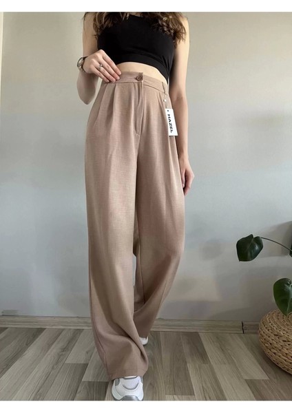 Kadın Vizon Yüksek Bel Keten Palazzo Pantolon Günlük Stil Rahat Kullanım fiyatları