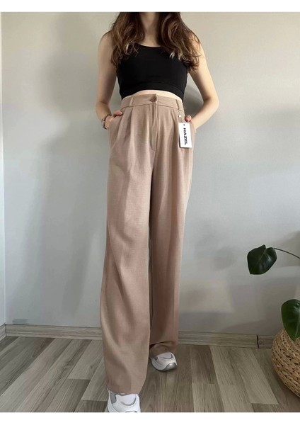 Kadın Vizon Yüksek Bel Keten Palazzo Pantolon Günlük Stil Rahat Kullanım fırsatları