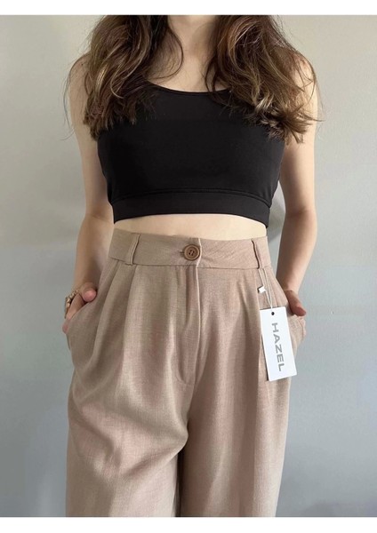 Kadın Vizon Yüksek Bel Keten Palazzo Pantolon Günlük Stil Rahat Kullanım indirimleri