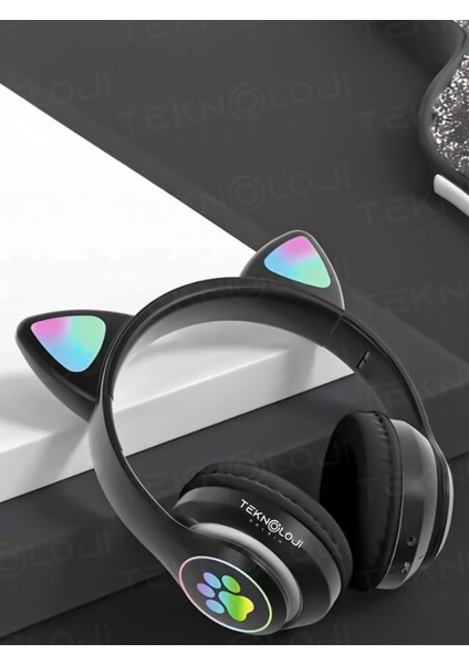 Kedi Kulaklık Kablosuz Bluetooth Kulaküstü Rgb Işıklı Patili Mikrofonlu Katlanabilir