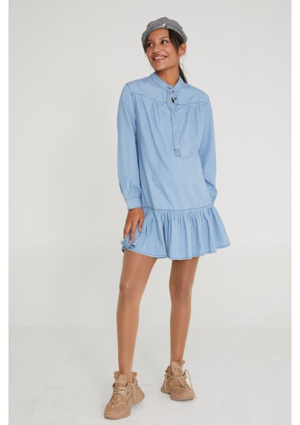 Hamile Fırfırlı Uzun Kollu Açık Mavi Elbise 1068