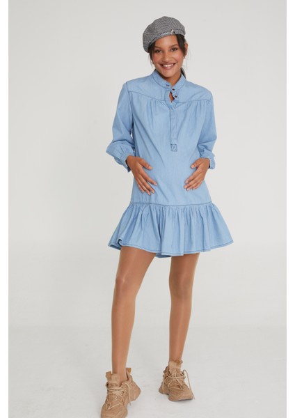 Hamile Fırfırlı Uzun Kollu Açık Mavi Elbise 1068 modelleri