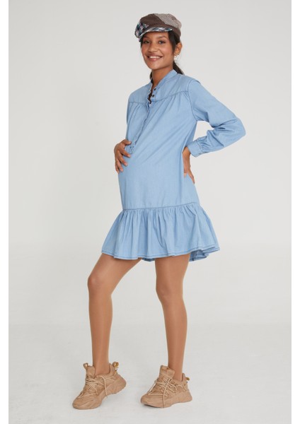 Hamile Fırfırlı Uzun Kollu Açık Mavi Elbise 1068 fırsatları