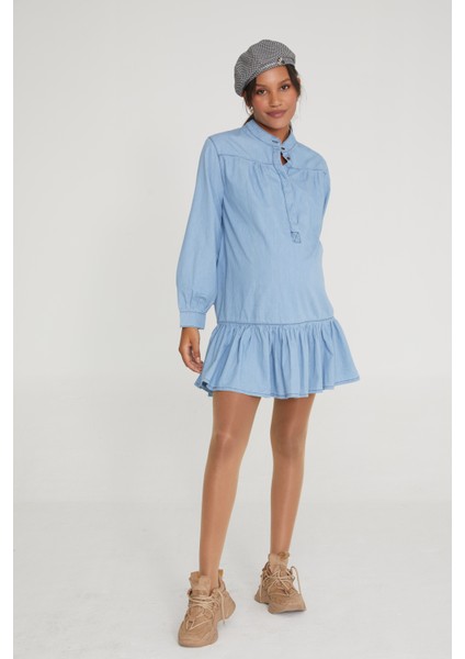 Hamile Fırfırlı Uzun Kollu Açık Mavi Elbise 1068 indirimleri