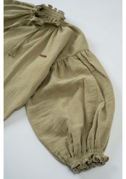 Müslin Oversize Çocuk Gömlek Haki Organik Pamuk indirimleri