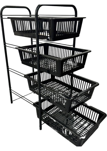 Ece Metal 4 Plastik Raflı Tekerlekli Siyah Sebzelik Meyvelik Organizer