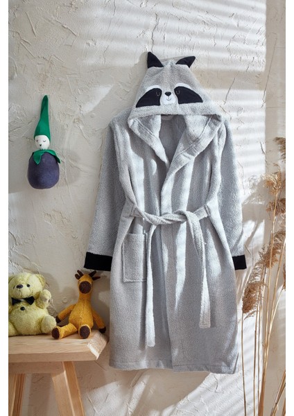 Hayvan Figürlü Kız-Erkek Çocuk Bornoz Pamuklu Rakun Gri