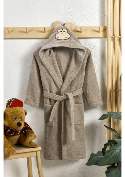 Hayvan Figürlü Kız-Erkek Çocuk Bornoz Pamuklu Maymun Sütlü Kahve