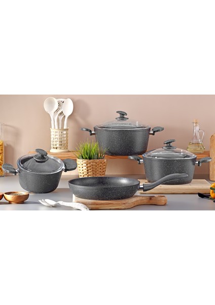 13 Parça Granit Set - 18-20-26CM Tencere + 26 Tava + 6 Parça Kaşık Set