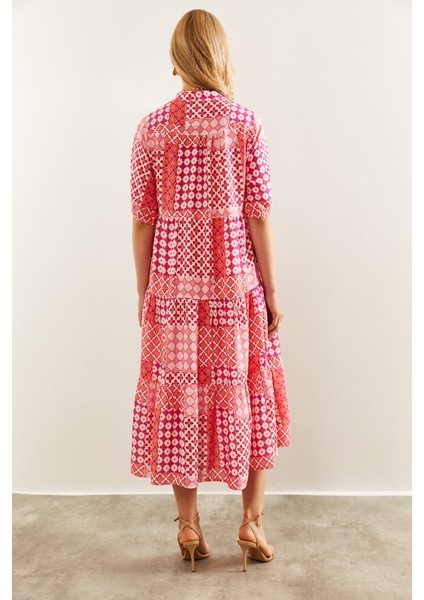 Kadın Hakim Yaka Katkat Desenli Viskon Elbise fiyatları