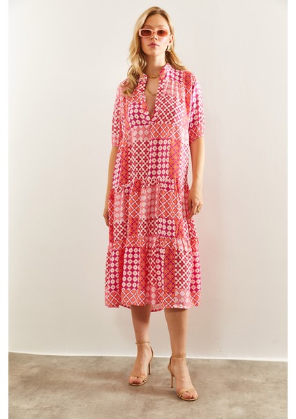 Kadın Hakim Yaka Katkat Desenli Viskon Elbise modelleri