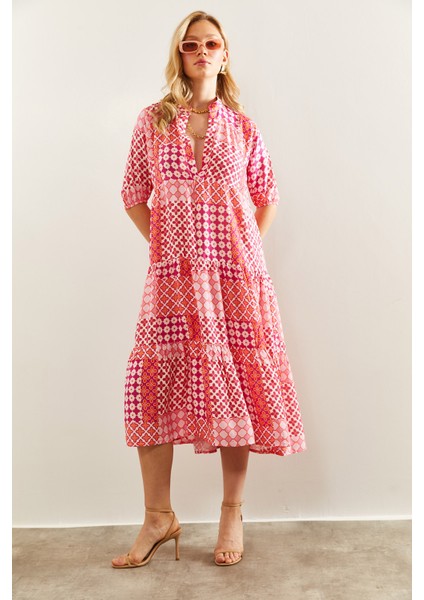 Kadın Hakim Yaka Katkat Desenli Viskon Elbise fırsatları