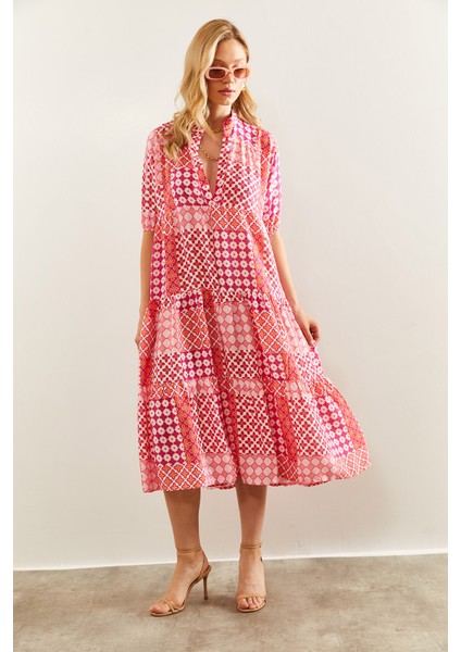 Kadın Hakim Yaka Katkat Desenli Viskon Elbise indirimleri