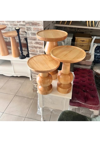 Simillo Home & Living Wood Ahşap 3’Lü Set Fitilli Mantar Yan Sehpa Modern Fiskos / Çiçeklik / Zigon Sehpa Vernikli