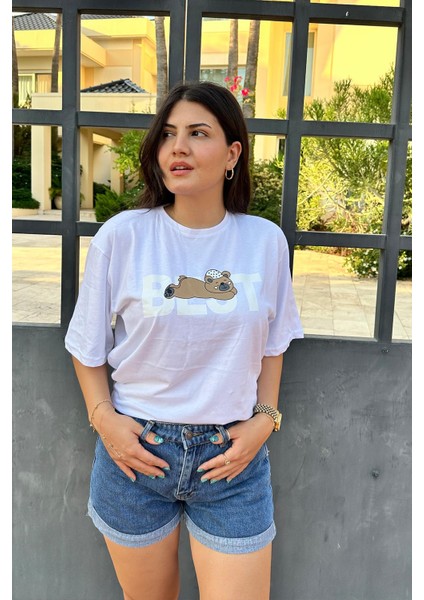 Beyaz Renk Best Baskı Ayıcık Desenli Unisex Oversize T-Shirt