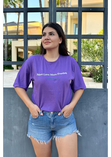 Mor Renk Freedom Baskı Unisex Oversize T-Shirt