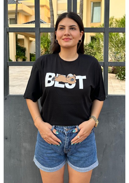 Siyah Renk Best Baskı Ayıcık Desenli Unisex Oversize T-Shirt