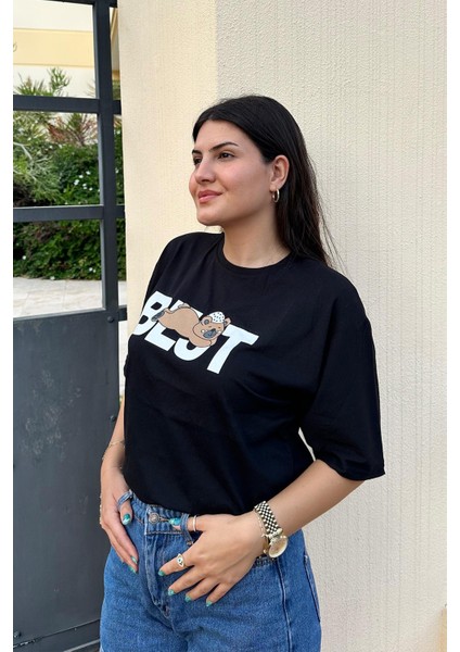 Siyah Renk Best Baskı Ayıcık Desenli Unisex Oversize T-Shirt