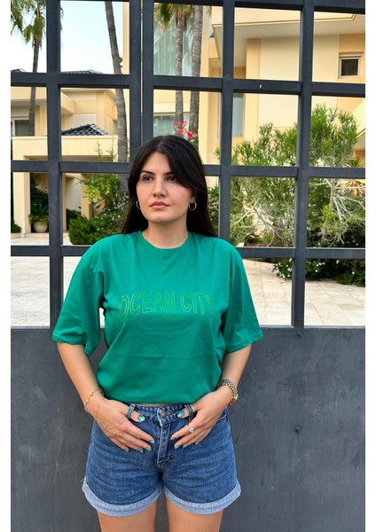 Yeşil Renk Ocean City Baskı Unisex Oversize T-Shirt