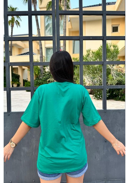 Yeşil Renk Ocean City Baskı Unisex Oversize T-Shirt modelleri