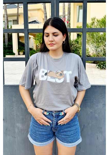 Gri Renk Best Baskı Ayıcık Desenli Unisex Oversize T-Shirt