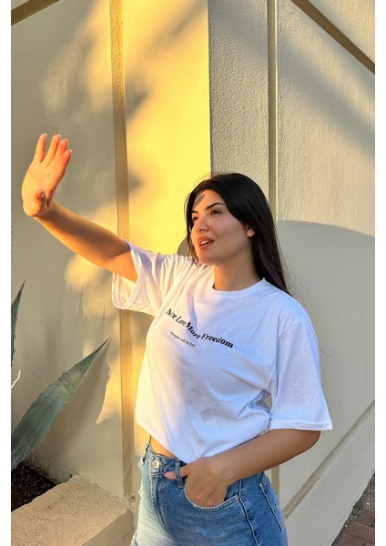 Beyaz Renk Freedom Baskı Unisex Oversize T-Shirt