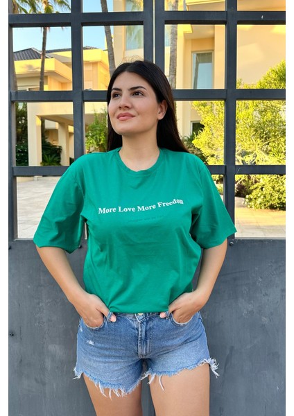 Yeşil Renk Freedom Baskı Unisex Oversize T-Shirt