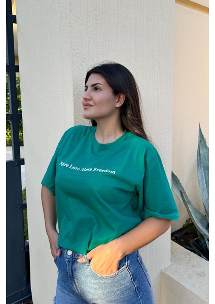 Yeşil Renk Freedom Baskı Unisex Oversize T-Shirt fiyatları