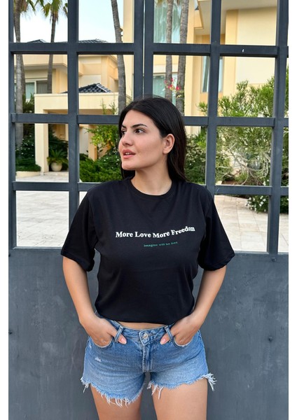 Siyah Renk Freedom Baskı Unisex Oversize T-Shirt