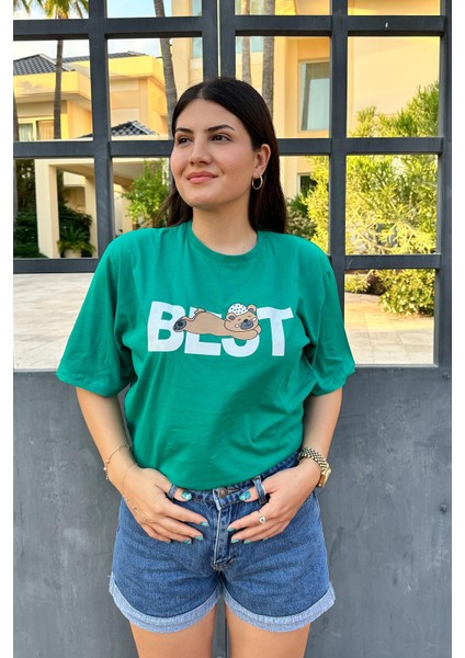 Yeşil Renk Best Baskı Ayıcık Desenli Unisex Oversize T-Shirt