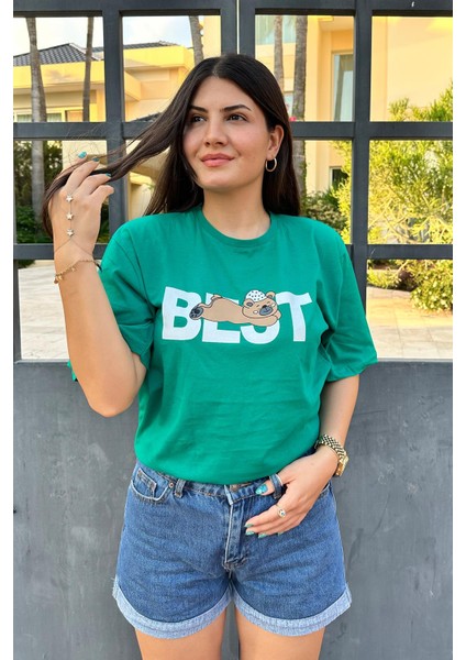 Yeşil Renk Best Baskı Ayıcık Desenli Unisex Oversize T-Shirt