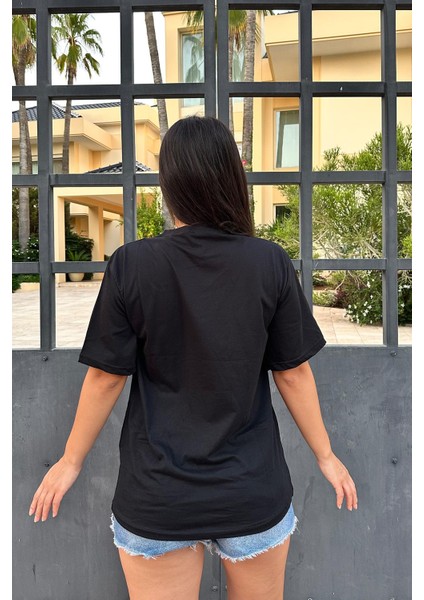 Siyah Renk Freedom Baskı Unisex Oversize T-Shirt modelleri