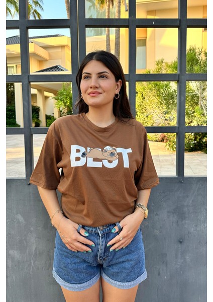 Kahverengi Best Baskı Ayıcık Desenli Unisex Oversize T-Shirt