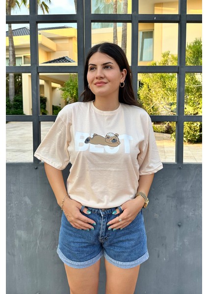 Taş Renk Best Baskı Ayıcık Desenli Unisex Oversize T-Shirt